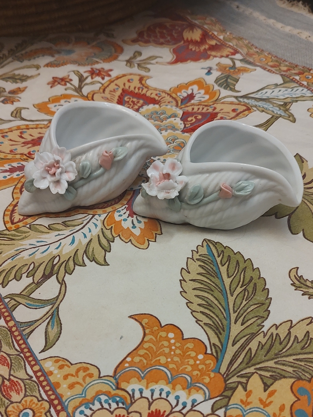 Vintage Porcelain Floral Leaf Dishes - White with Pink Flowers